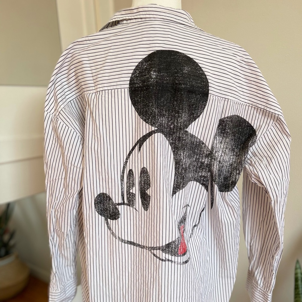 GAP White Striped Button-Down Shirt with Black Mickey Graphic